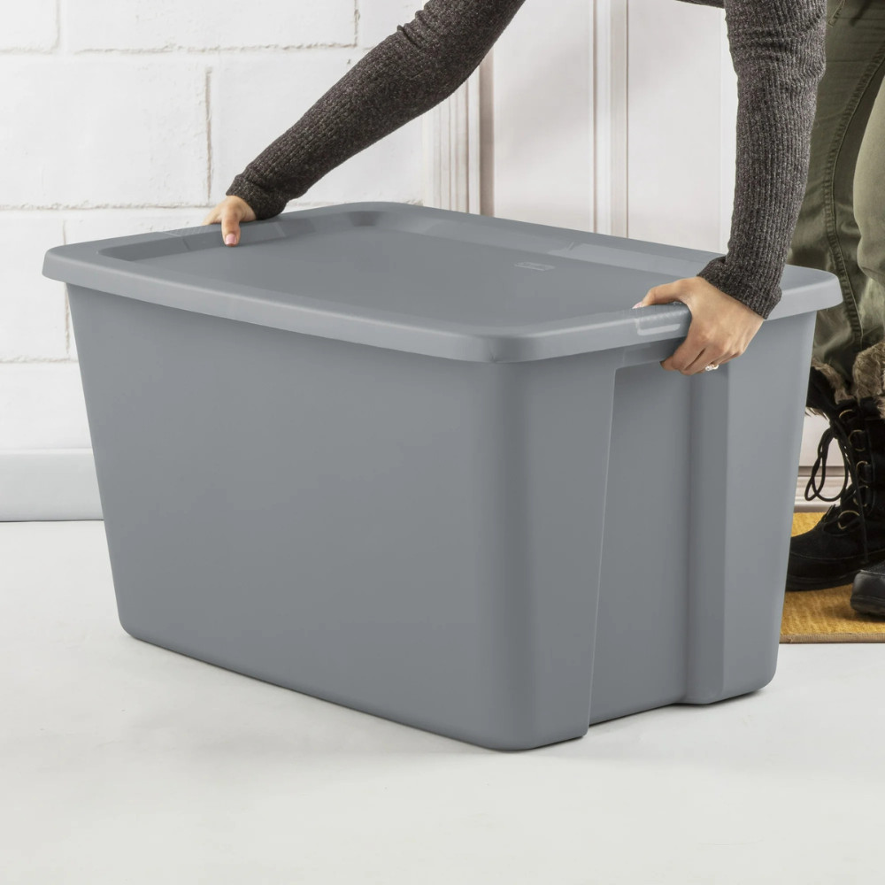 Sterilite 30 Gal Stackable Plastic Storage Bin Tote, Gray Latching Lid, 6 Pack