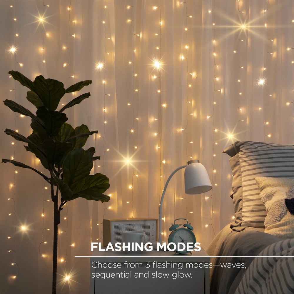 200-Count Warm White LED Curtain String Lights with Remote, Usb-Powered, Indoor