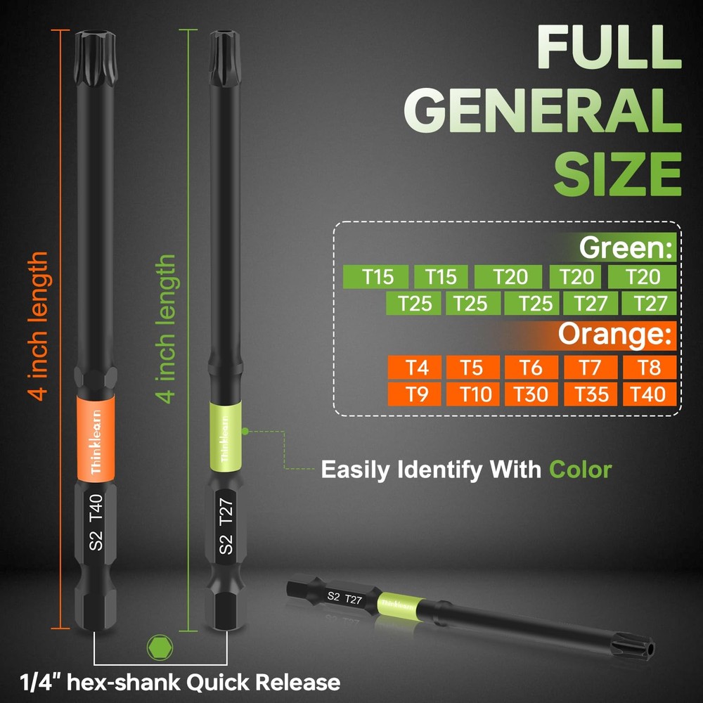 THINKLEARN Impact Torx Bit Set, 20 PCS 4" Security Bits, Orange+green
