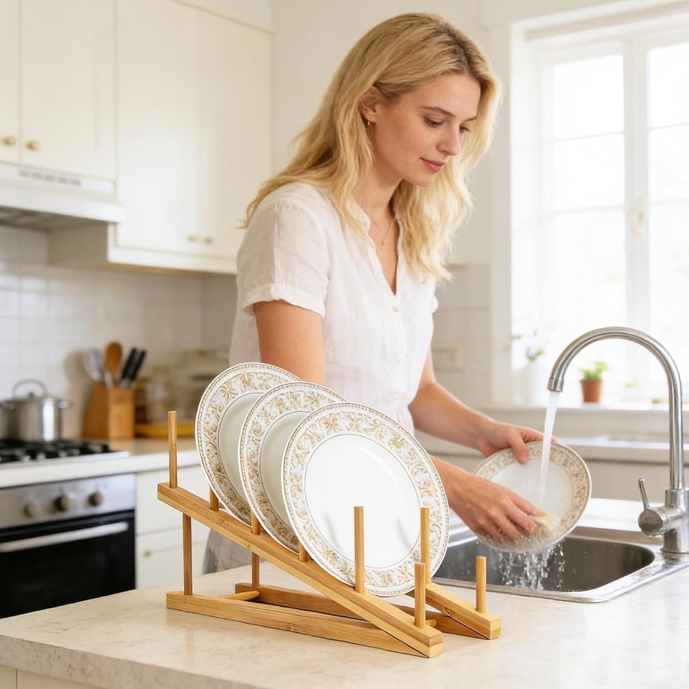 2-Piece Bamboo Dish Drying Rack with Pot Lid Holder,Kitchen Countertop Organizer