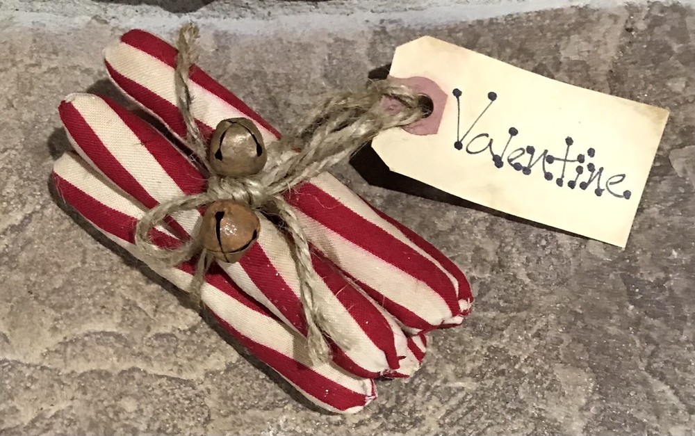 Five Primitive Rustic Red & White Valentine Peppermint Sticks-Rusty Bells