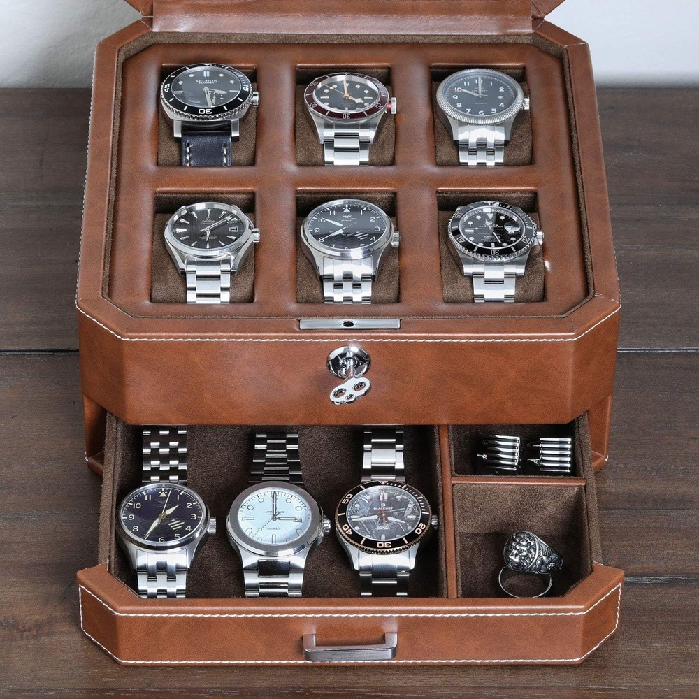 Modern Leather Watch Display Case - Drawer Organizer