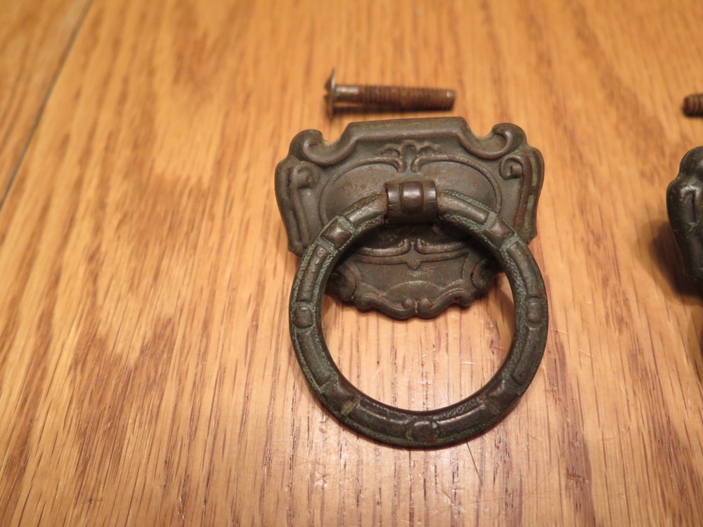 Vintage Brass Tone Drawer Pulls - 3 Drop Pulls & 1 Round Pull