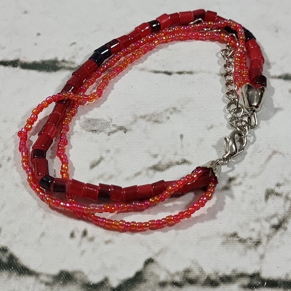 Bracelet Seed Bead 3 Strand Beaded Red Multi Strand