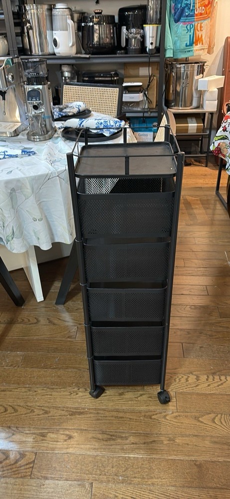 Black Metal 4-Compartment Rectangular Storage Basket Cart on Wheels