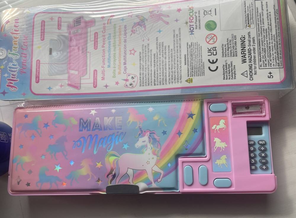 Hot Focus Multi-Function Pencil Case Unicorn Calculator Sharpener Pink NIP