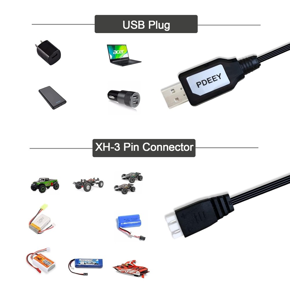 7.4V Lipo USB Replacement Cable Set for RC Vehicles & Gel Blasters