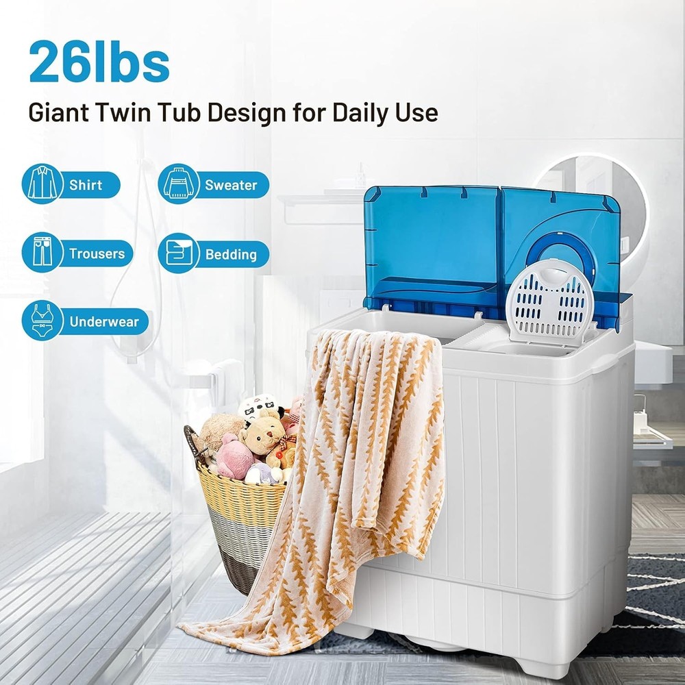 Portable Full-Automatic Top Load Washing Machine, 26lbs Capacity - Blue & White