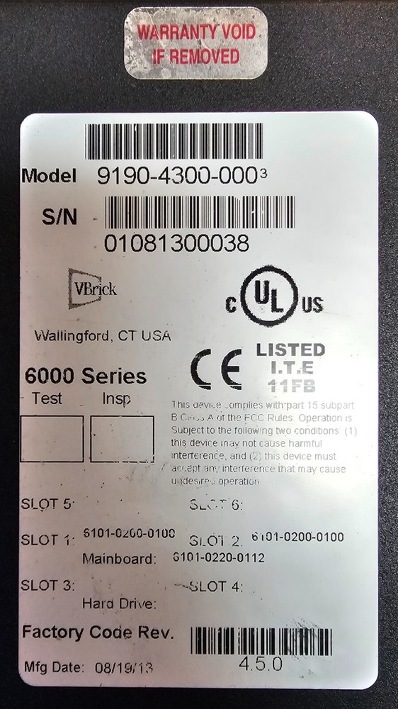 VBrick 9190-4300-000, 6000 Series Digital Video Encoder, Powers on - Untested