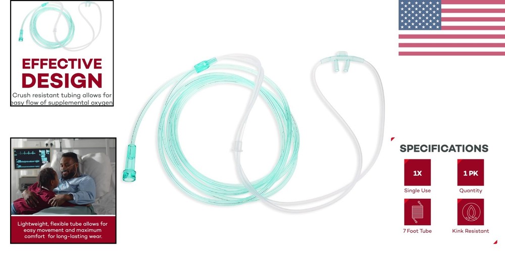 Soft Green Nasal Cannula 7 ft - Individually Wrapped, Highly Visible Oxygen Aid