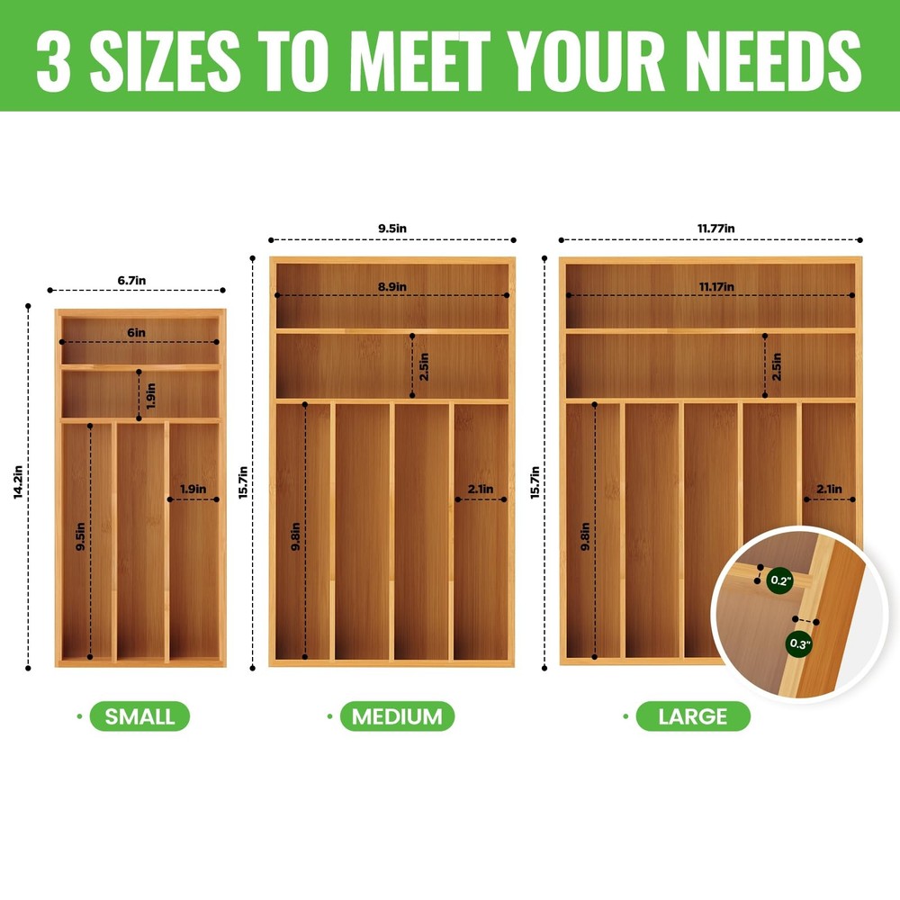 Bayting Bamboo Silverware Organizer, Kitchen Drawer Medium,
