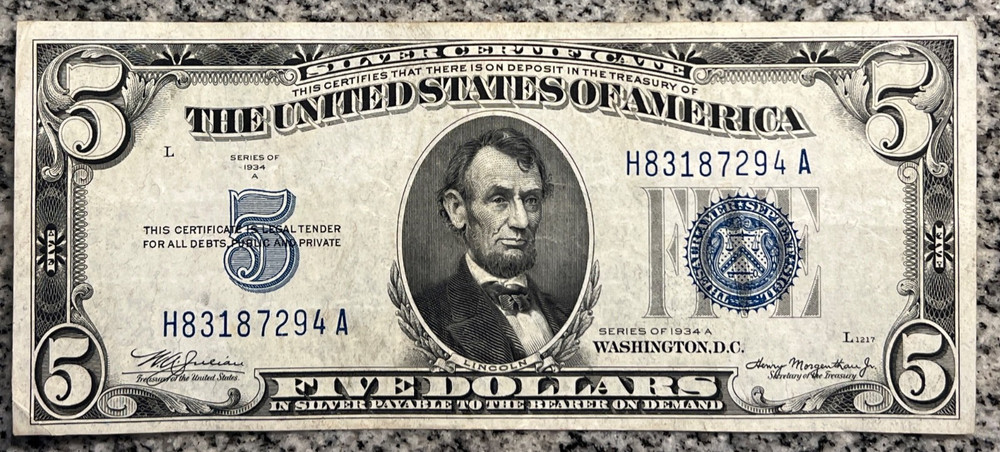 $5 1934-A Silver Certificate Blue Seal UNCIRCULATED!!!