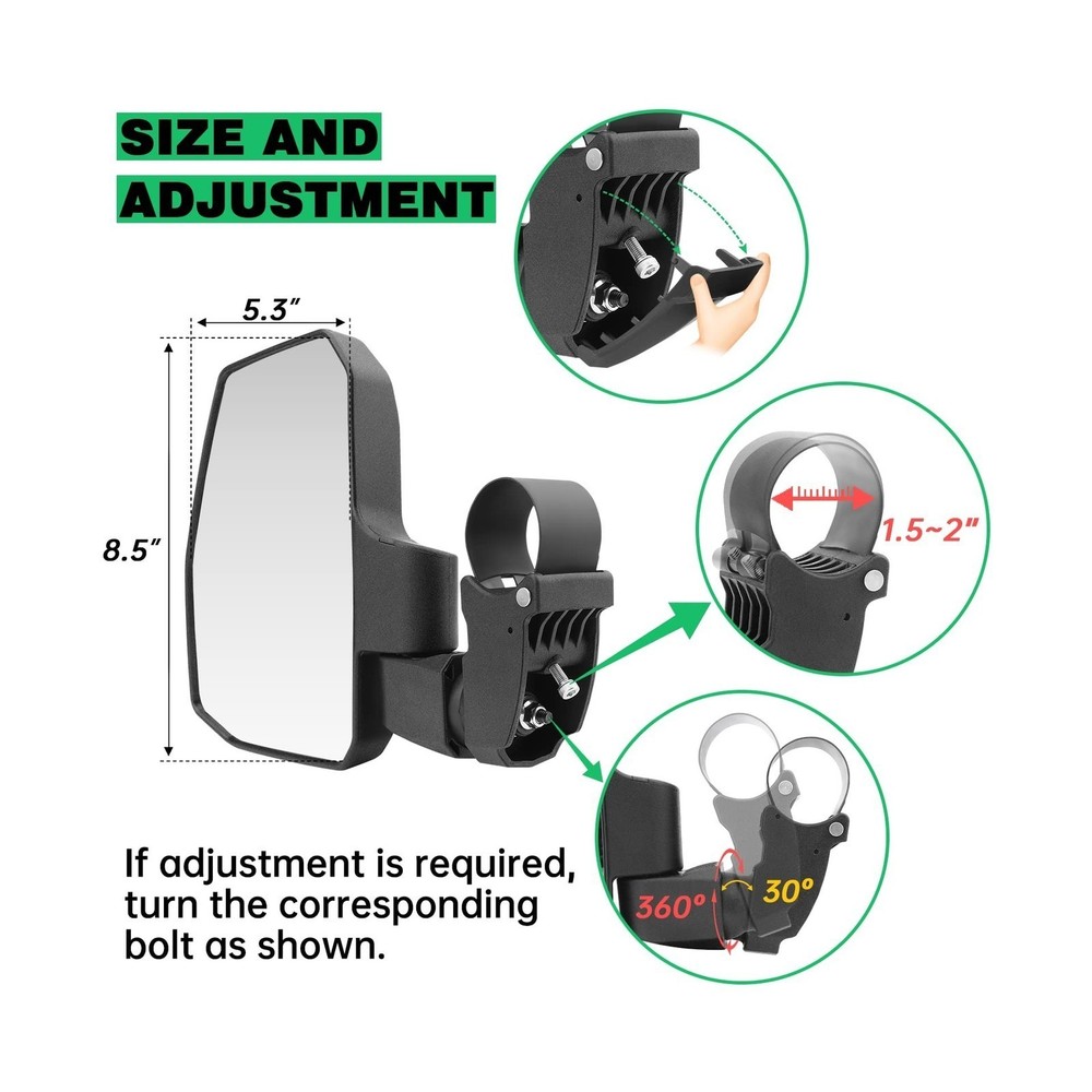 UTV Side Mirrors, Automatic Reset, for 1.5"-2.0" Roll Cage, Universal Fit