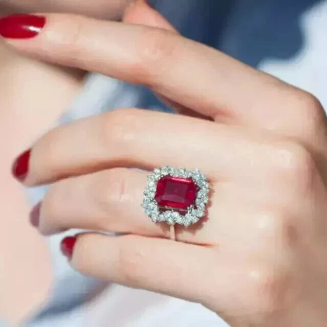 5.85Ct Art Deco Style Lab Created Ruby Anniversary 14K White Gold Finish Ring