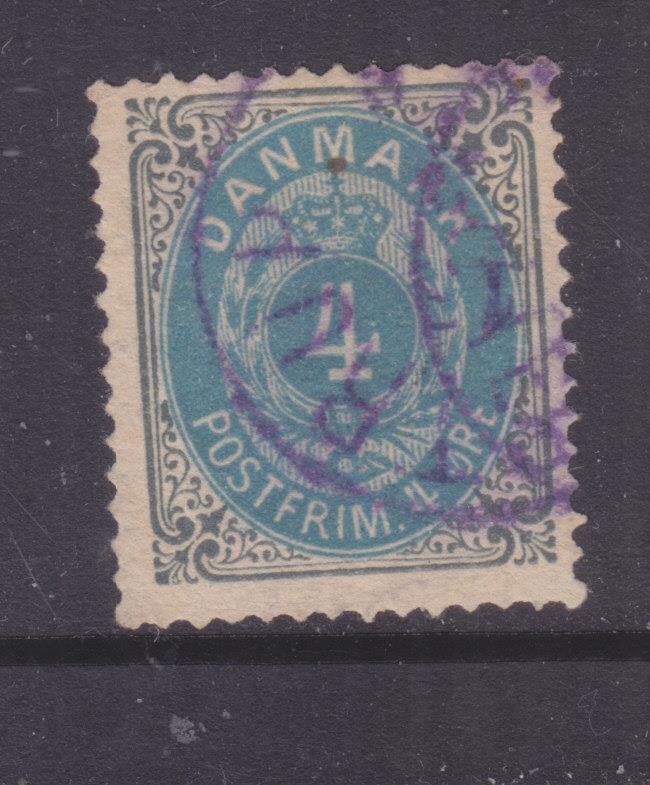 DENMARK, 1875 4o. Blue & Grey, Purple postmark.