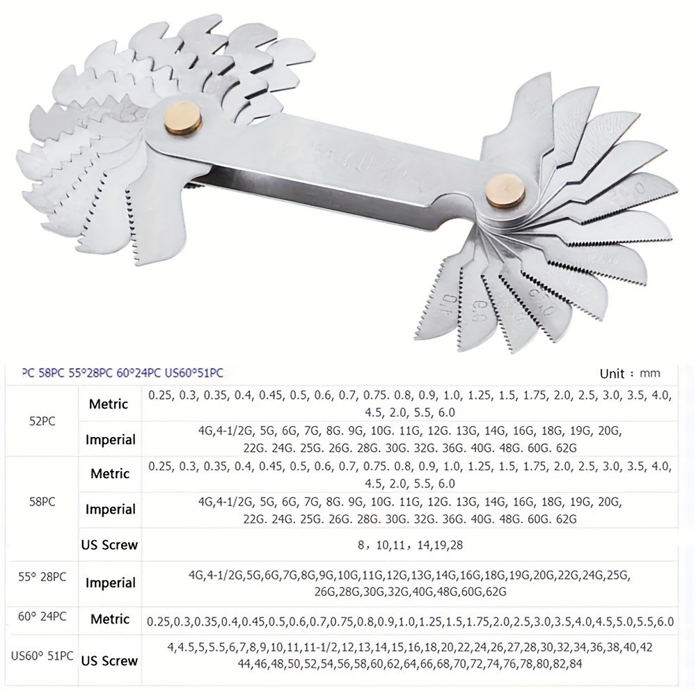 Multi-Size Thread Gauge - Metric & Imperial for Screw Thread Measurement（52pc）