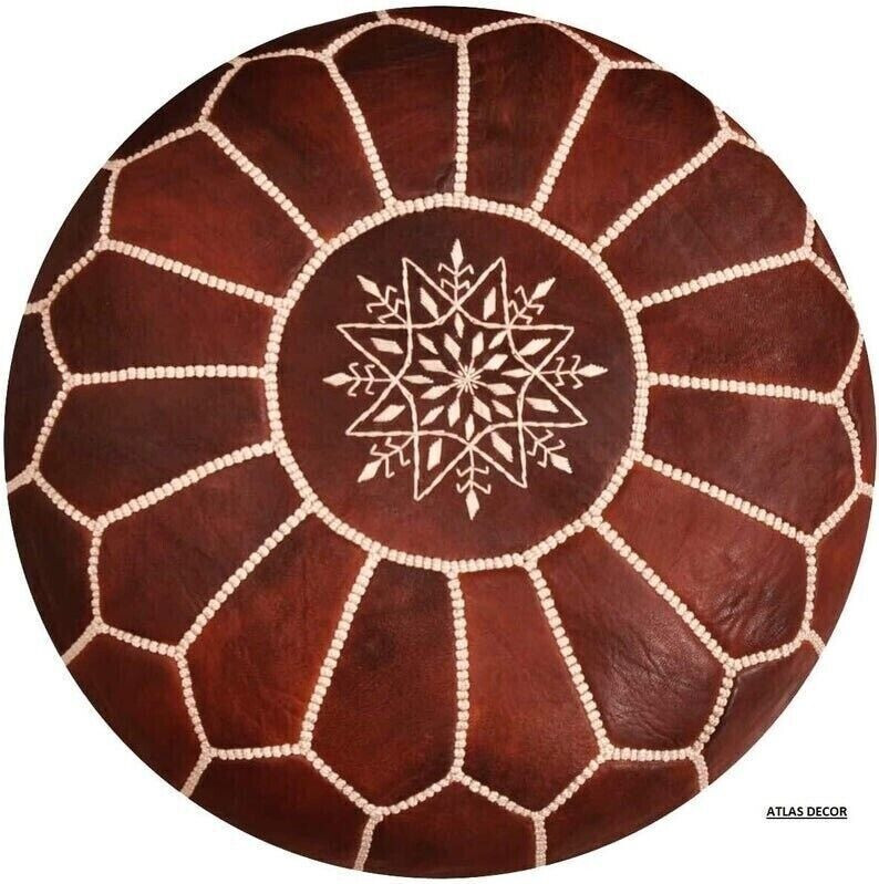 Large Stitched Moroccan Boho Round Leather Foot Rest Pouf Pouffe Ottoman
