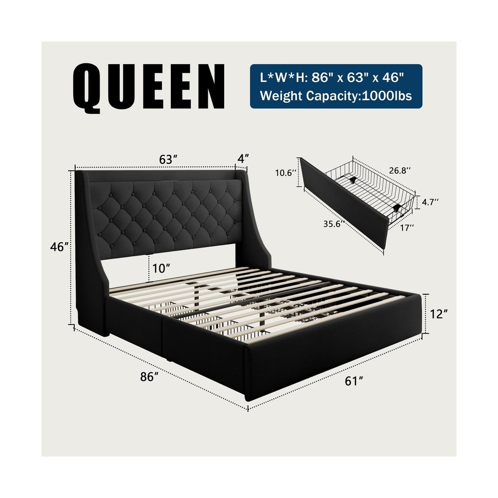 Queen Bed Frame with 4 Storage Drawers, Giant Upholstered Wingback Headboard,...