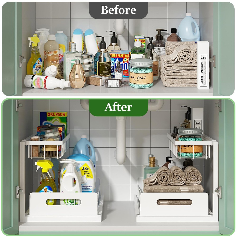 REALINN Under Sink Organizer, Pull Out Cabinet Organizer 2 Tier 1 Pack, White