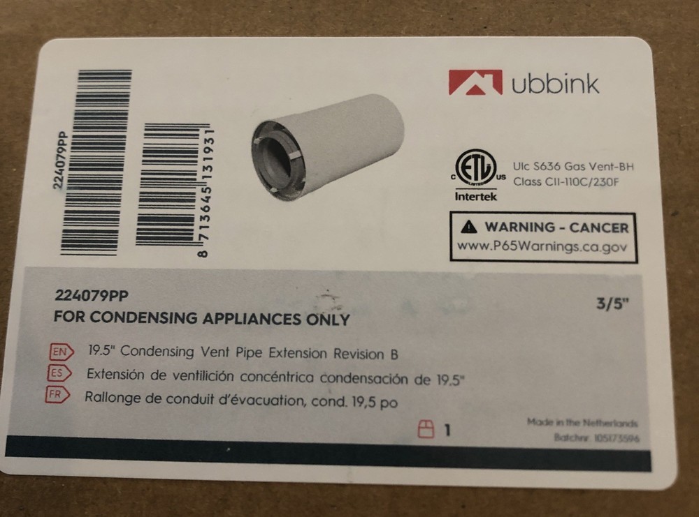 ubbink/Rinnai 224079PP Condensing Vent 19.5-in Pipe Extension, White