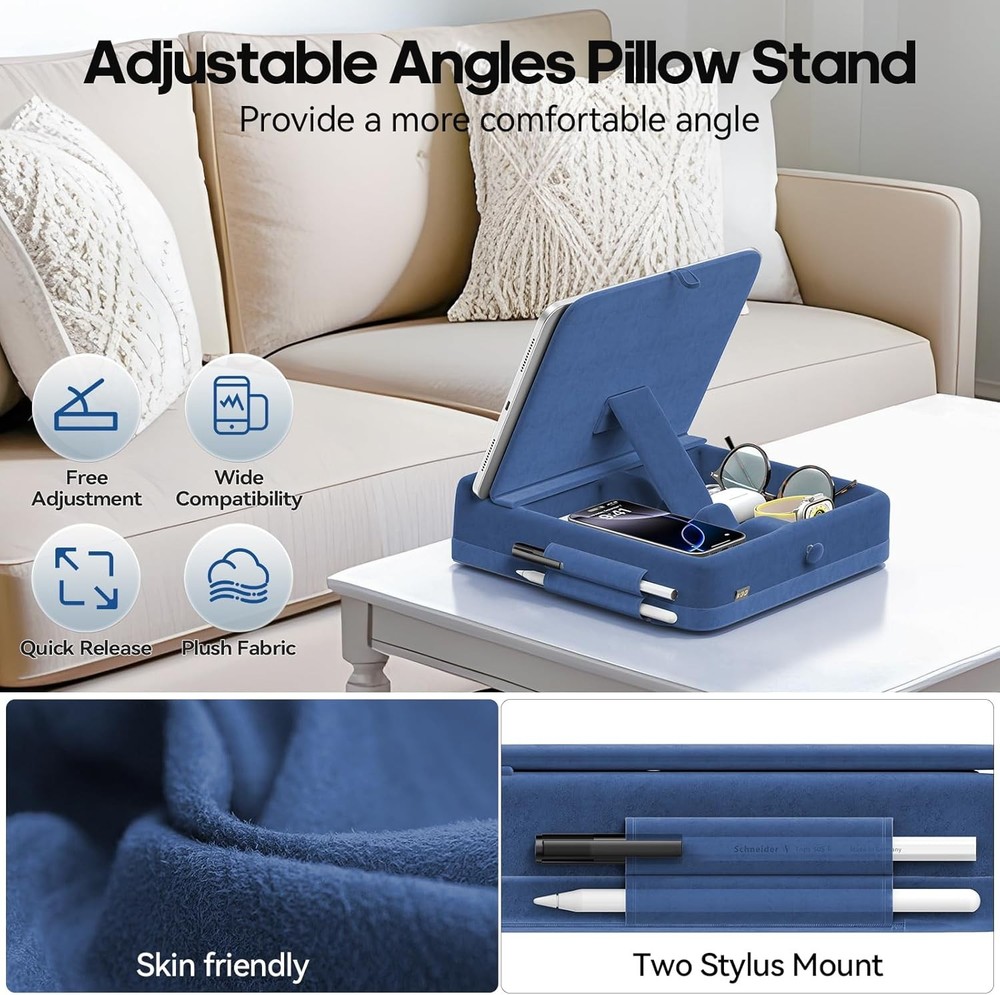 KDD Tablet Pillow Stand with Storage, Foldable iPad Holder for Lap, Dark Blue