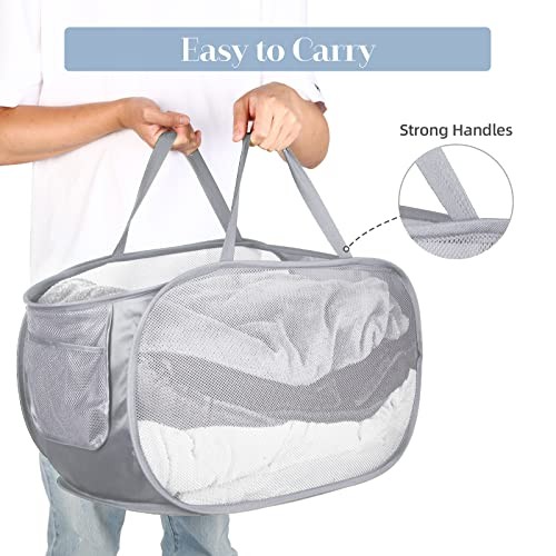 Durable Collapsible Laundry Baskets, Mesh Pop Up Laundry Pop Horizontal Gray