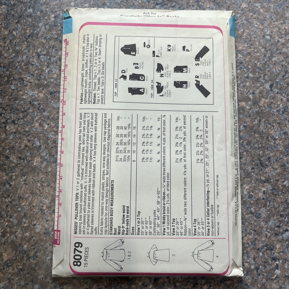 Simplicity 8079 Sewing Pattern Pullover 70's Top Boho Blouses Misses Size 14 NEW