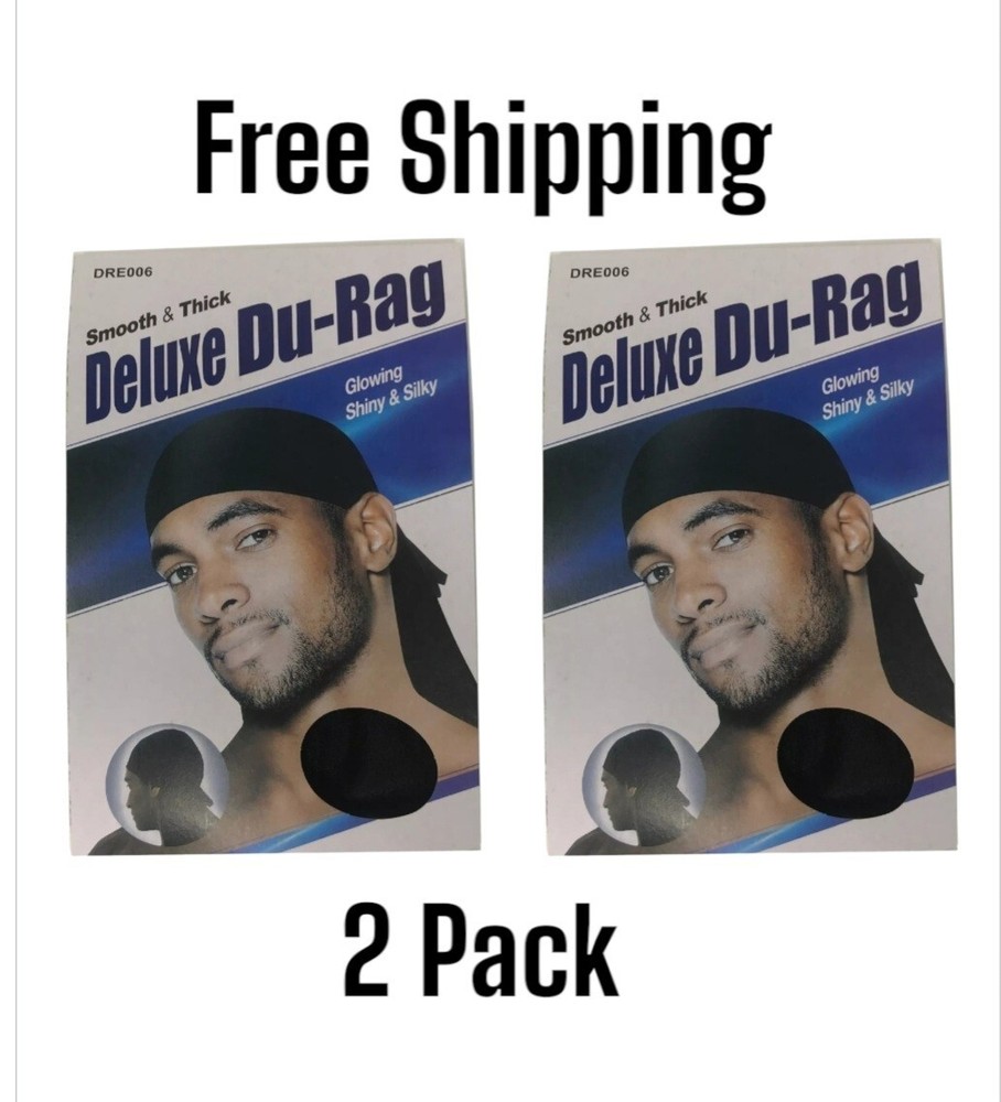 (2 Pack) Smooth & Thick Deluxe Du-Rag Wave Cap Headwrap - Black -