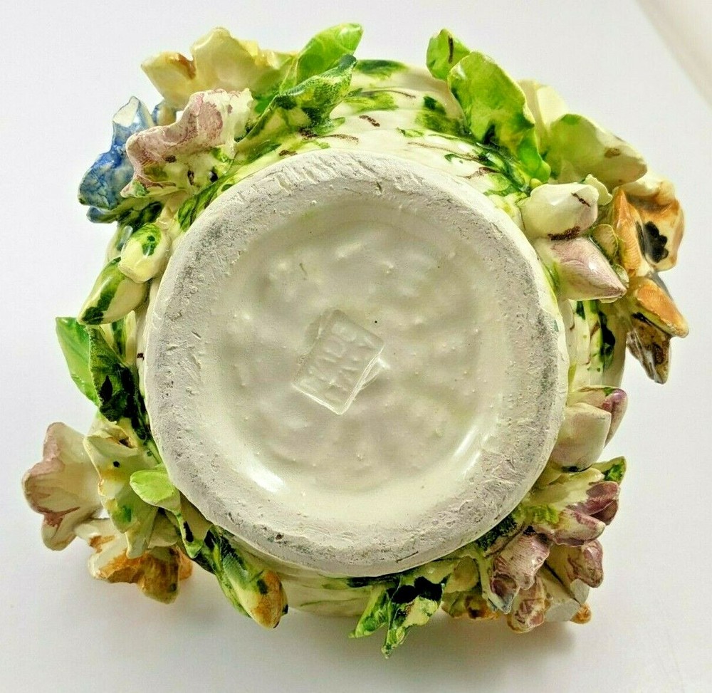 Vintage Ceramic Flowered Basket Braided Handle Italy