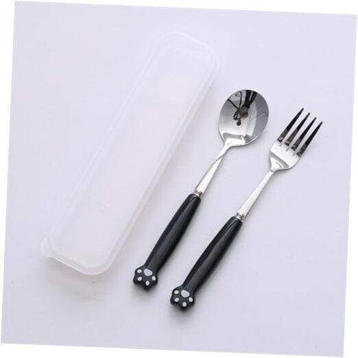 Cute Silverware Set, Cat Paw Ceramic Handle FORK SPOON WITH CASE Black