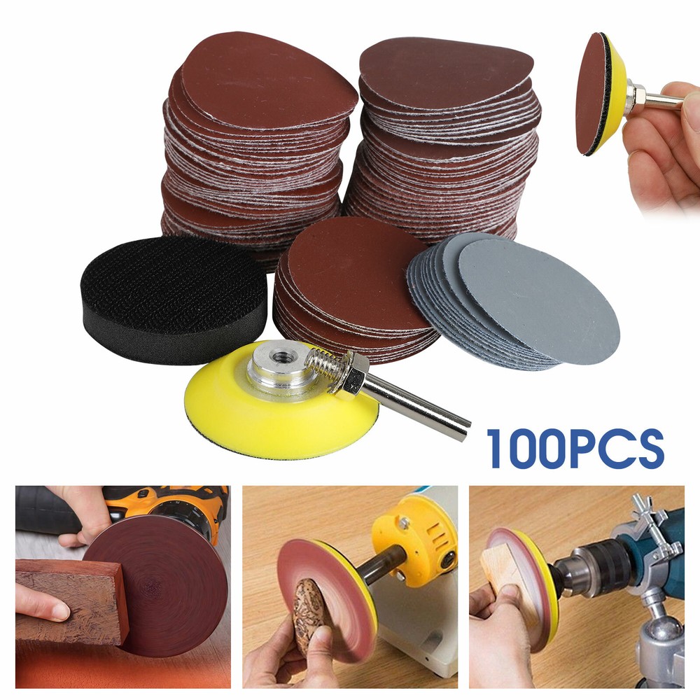 100PCS 2" Sanding Disc Sand Paper Hook Loop Sander+Backer Pad+M6 Drill Adapter