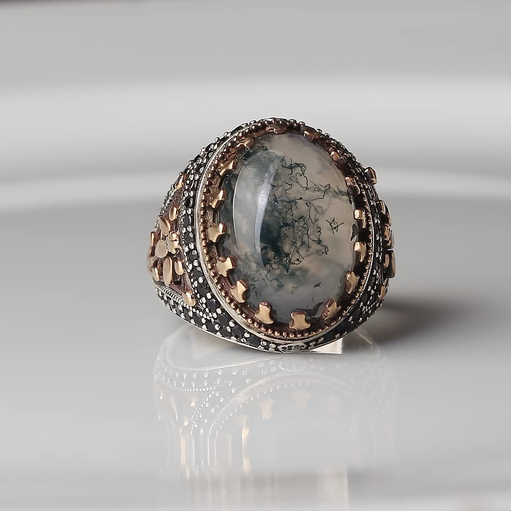 Moss Agate Men's Silver Ring, Handmade Moss Agate Stone Silver Ring for Men,