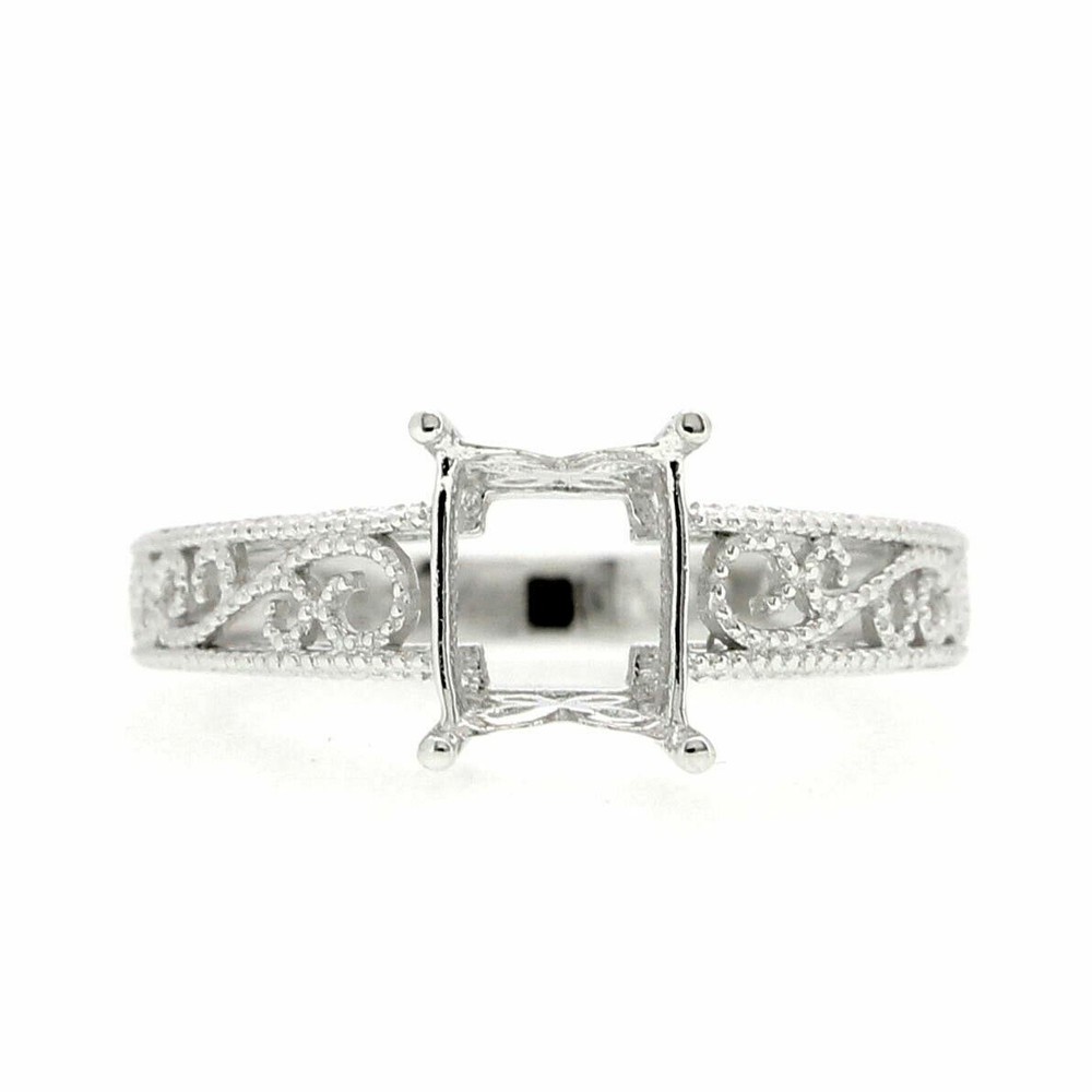 Filigree Sterling Silver Semi Mount Ring Setting Emerald OCT 8x6mm Art Deco