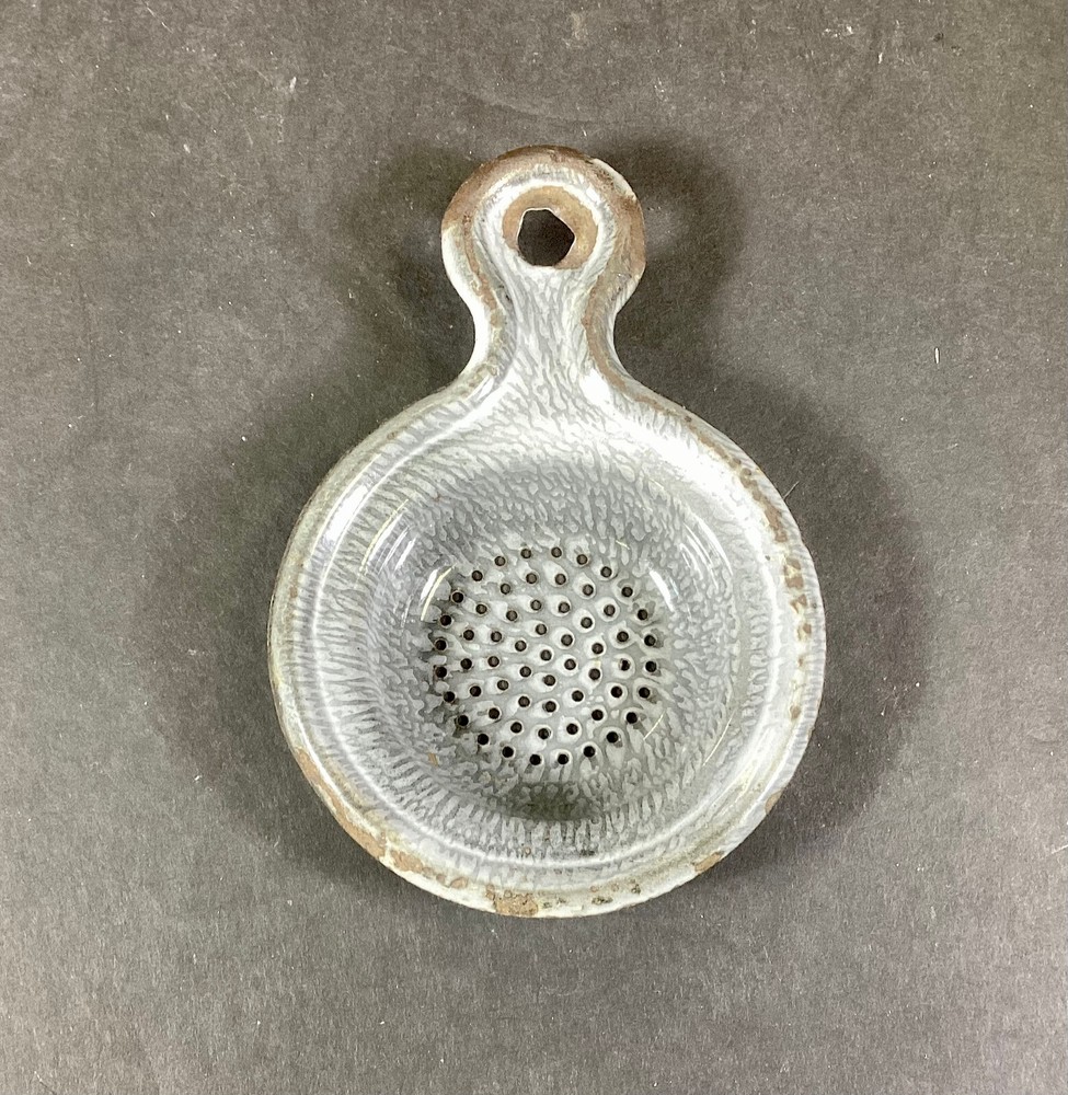 Antique Graniteware Gray Enamelware Tea Strainer Primitive Kitchen Tool