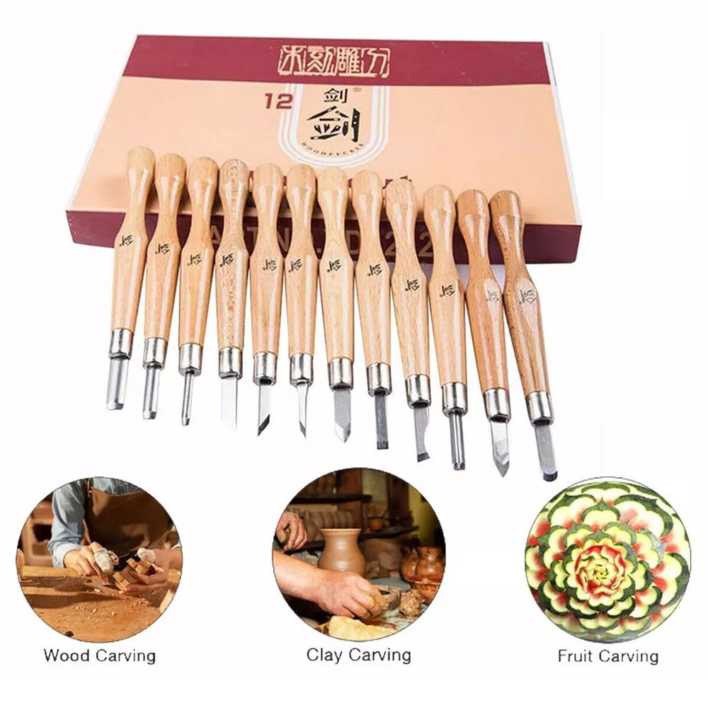 12Pcs Wood Carving Hand Chisel Tool Set Professional Woodworking Gouges Steel US