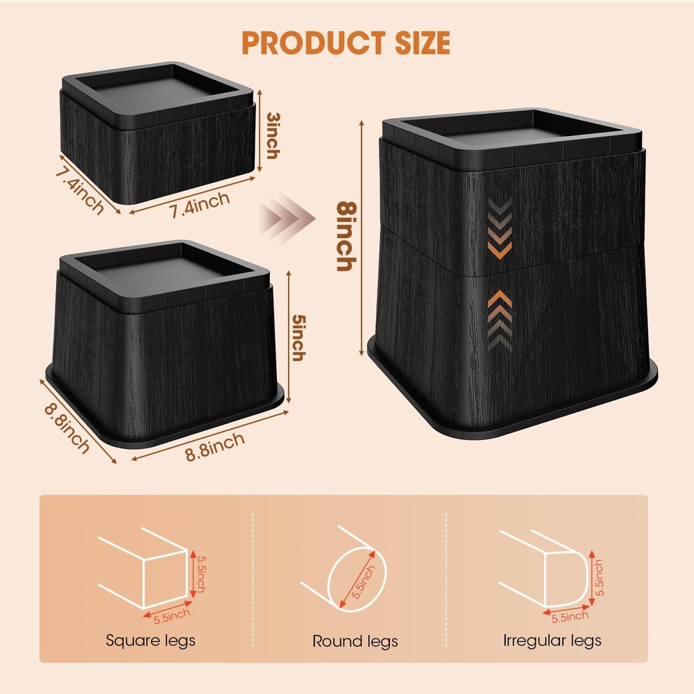 Adjustable Bed Risers,Elevation in 3, 5 or 8 Inch Heavy Duty Risers,Oversized...
