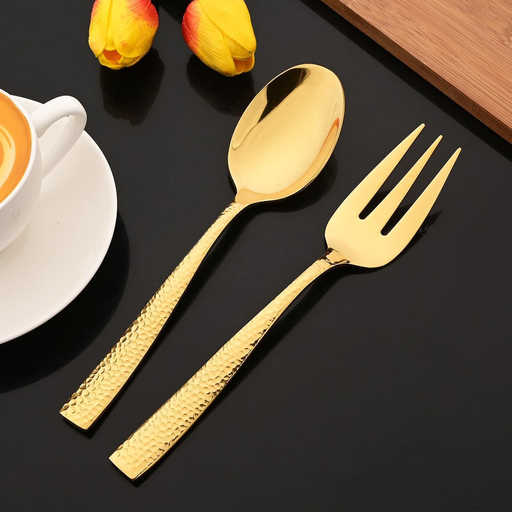 JASHII 5-Piece Gold Hammered Flatware Hostess Set Stainless Steel Serving Fork S