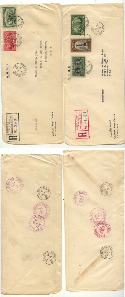 Canada  2  official registered  covers  to  US    MS0124
