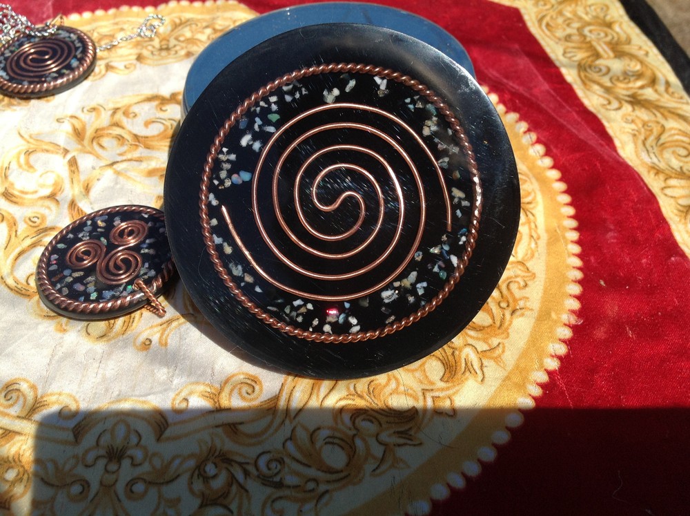 Tensor Ring, Tesla Coil, Shungite w Welo Opal Orgone Water Structuring Coaster.