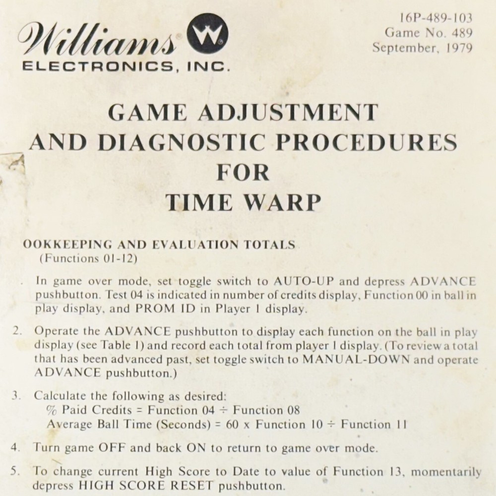 Williams Time Warp Pinball Machine Game Manual Operators Handbook ORIGINAL