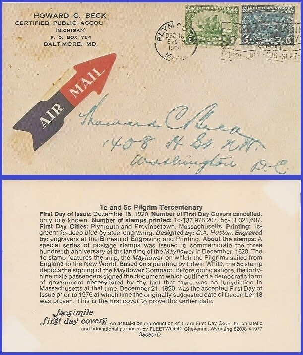 USA4 # 548 ADDR FACSIMILE FDC Combo2  Pilgrim Issue