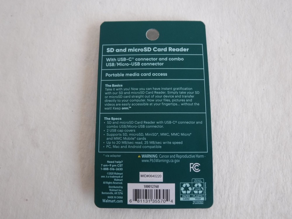 ONN SD microSD Card Reader Combo USB USB-C & Micro-USB Connector