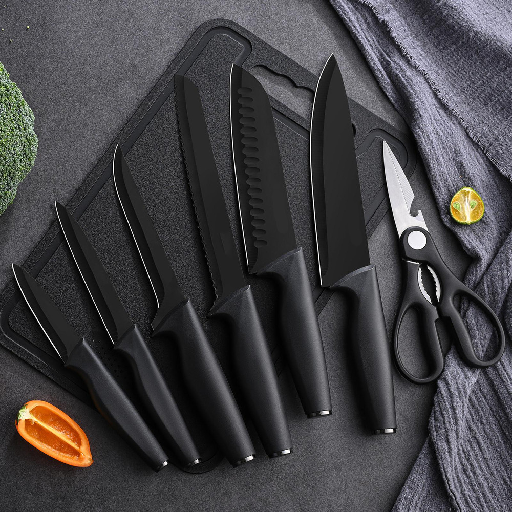 16 Pieces Professional Black Coding Kitchen Knife Block Set with Non-slip Handle