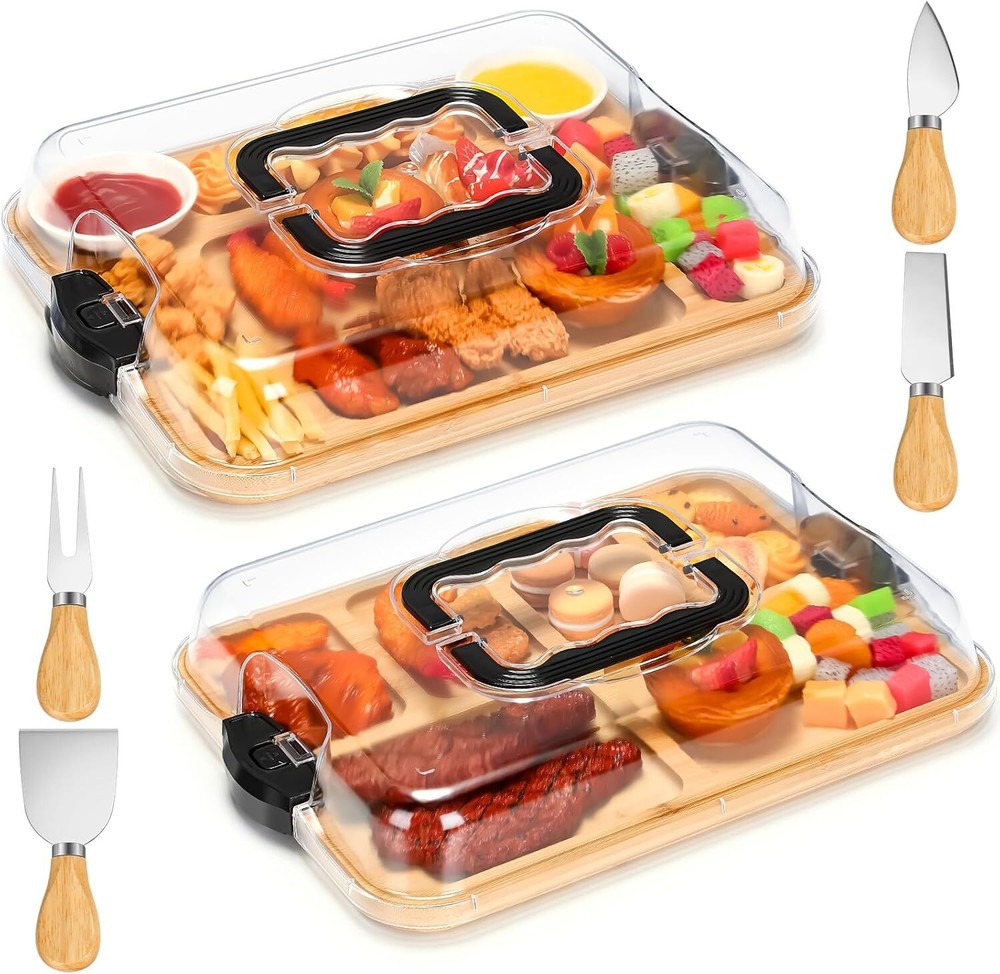 2 Sets Charcuterie Board with Lid Compartments and Handle