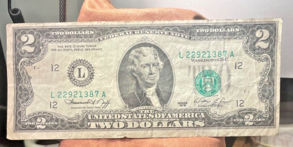 1976 $2 Dollar Bill Error (Miscut/Misaligned) L 22921387 A Rare-Front & Back
