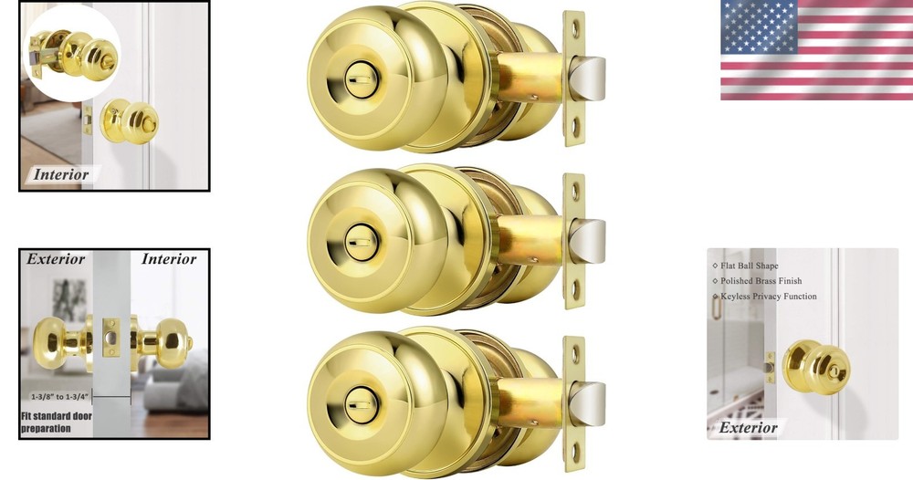 Classic Polished Brass Door Knobs, Keyless Locksets, 3 Pack