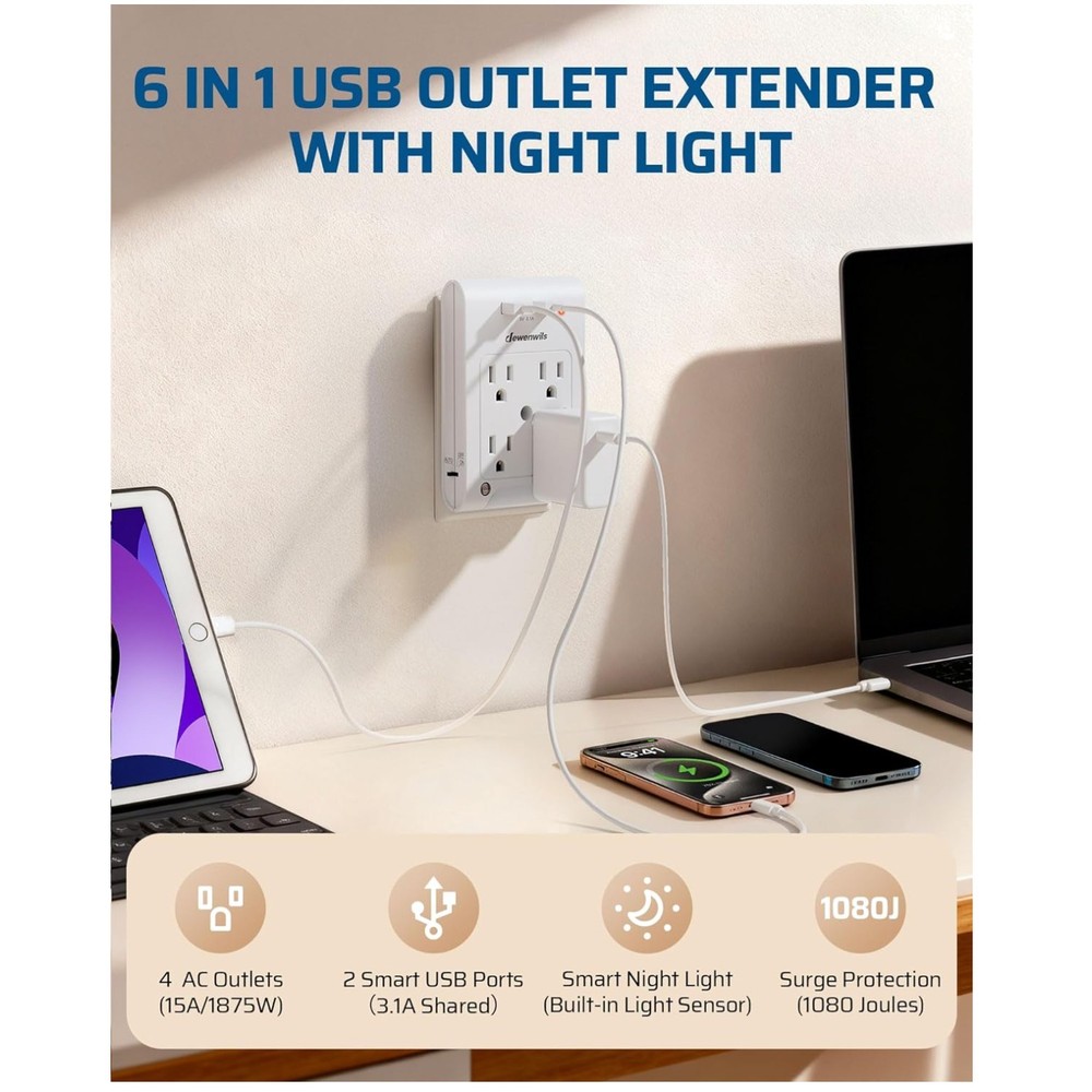 Certified USB Outlet Extender, Surge Protector, 2 Pack