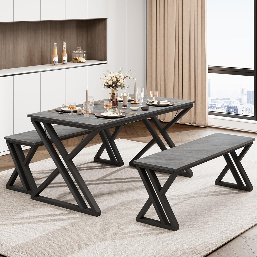Kitchen Table with Benches, Dining Table Set for 4, Saving Space Table Set