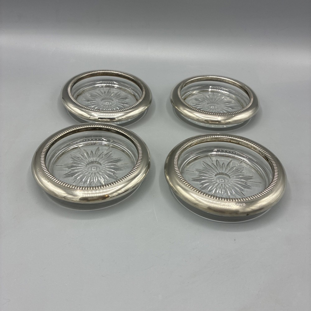 Set of 4 Silver Plated Glass Coaster -Read