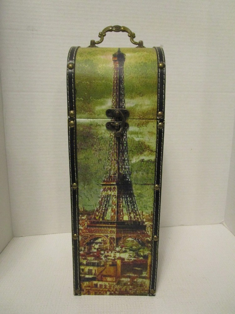 Paris Eiffel Tower Wine Bottle Caddy Case Holder w/ Handle & Clasp Gift Box